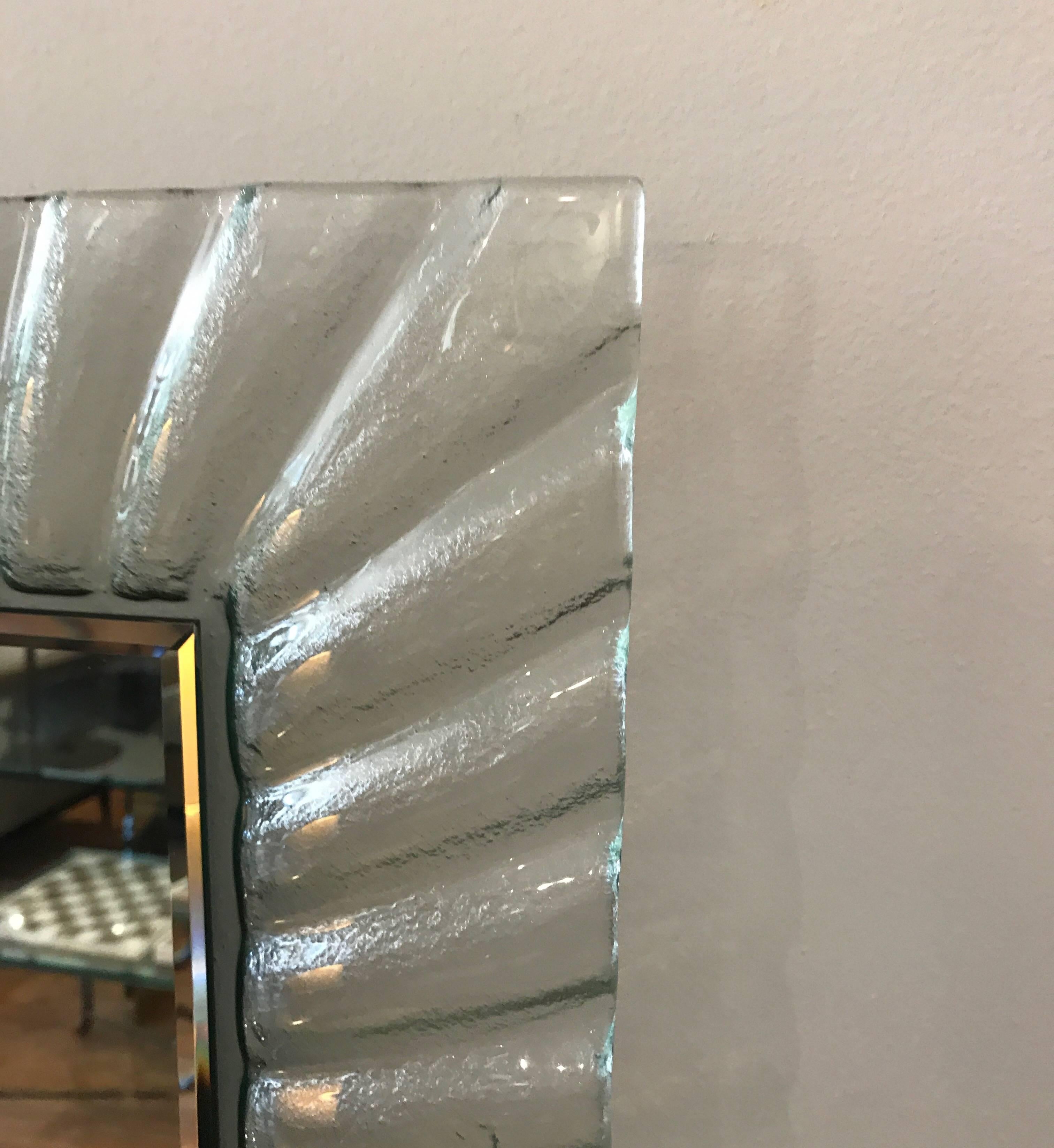 Frosted Midcentury Italian Mirror with a Fluted Clear Murano Glass Frame