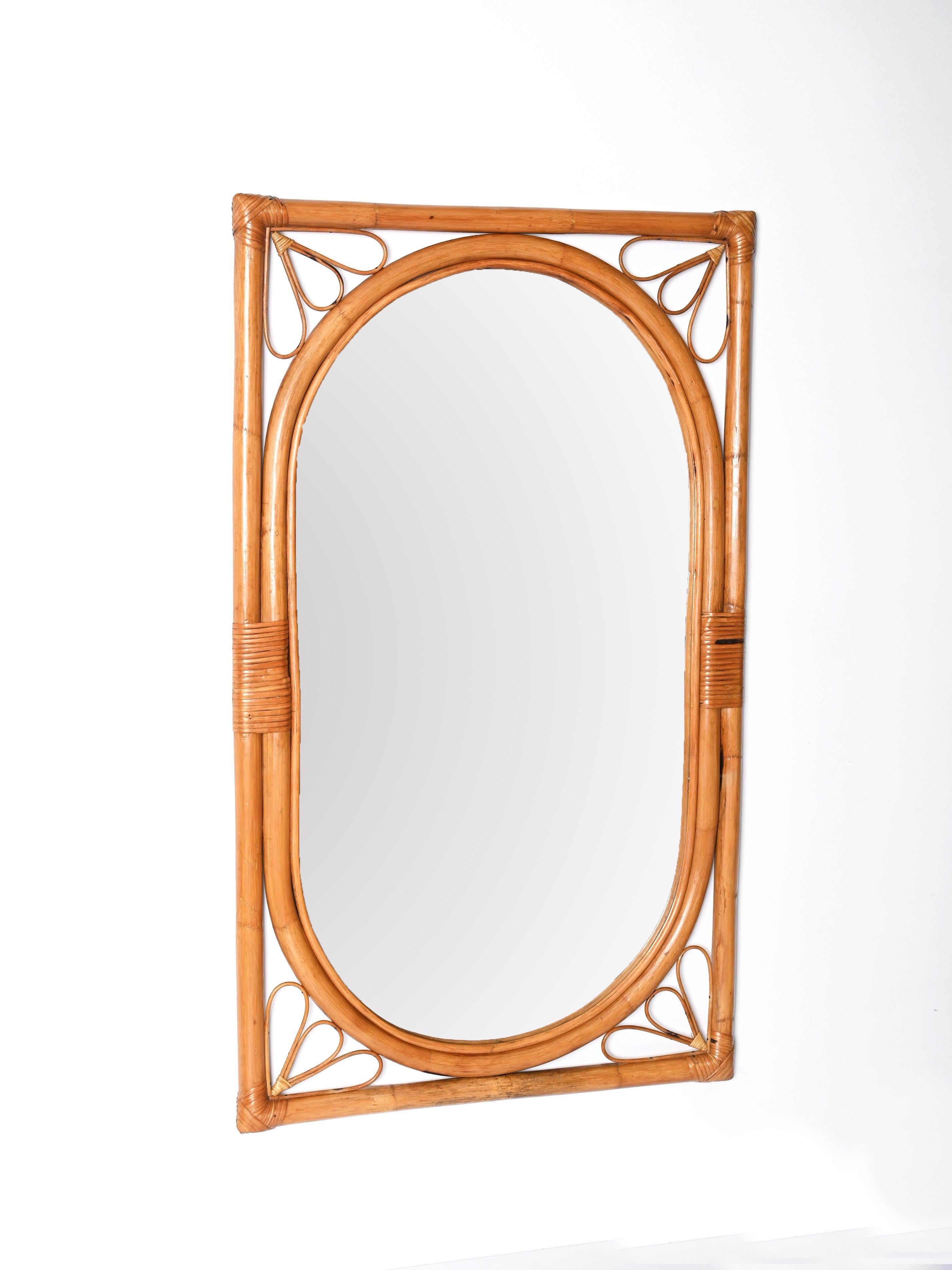 Mid-Century Modern Midcentury Italian Mirror with Double Frame in Bamboo and Rattan, 1970s