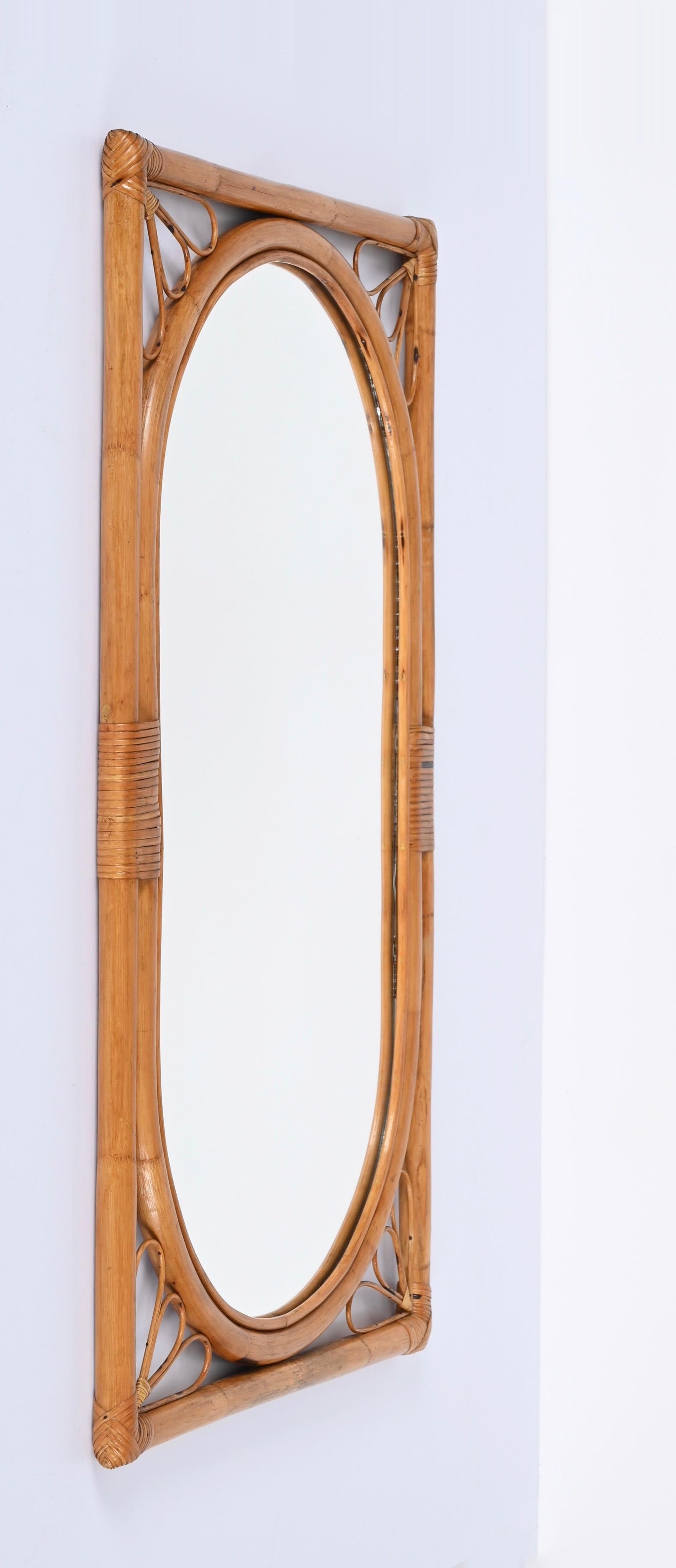 Hand-Crafted Midcentury Italian Mirror with Double Frame in Bamboo and Rattan, 1970s