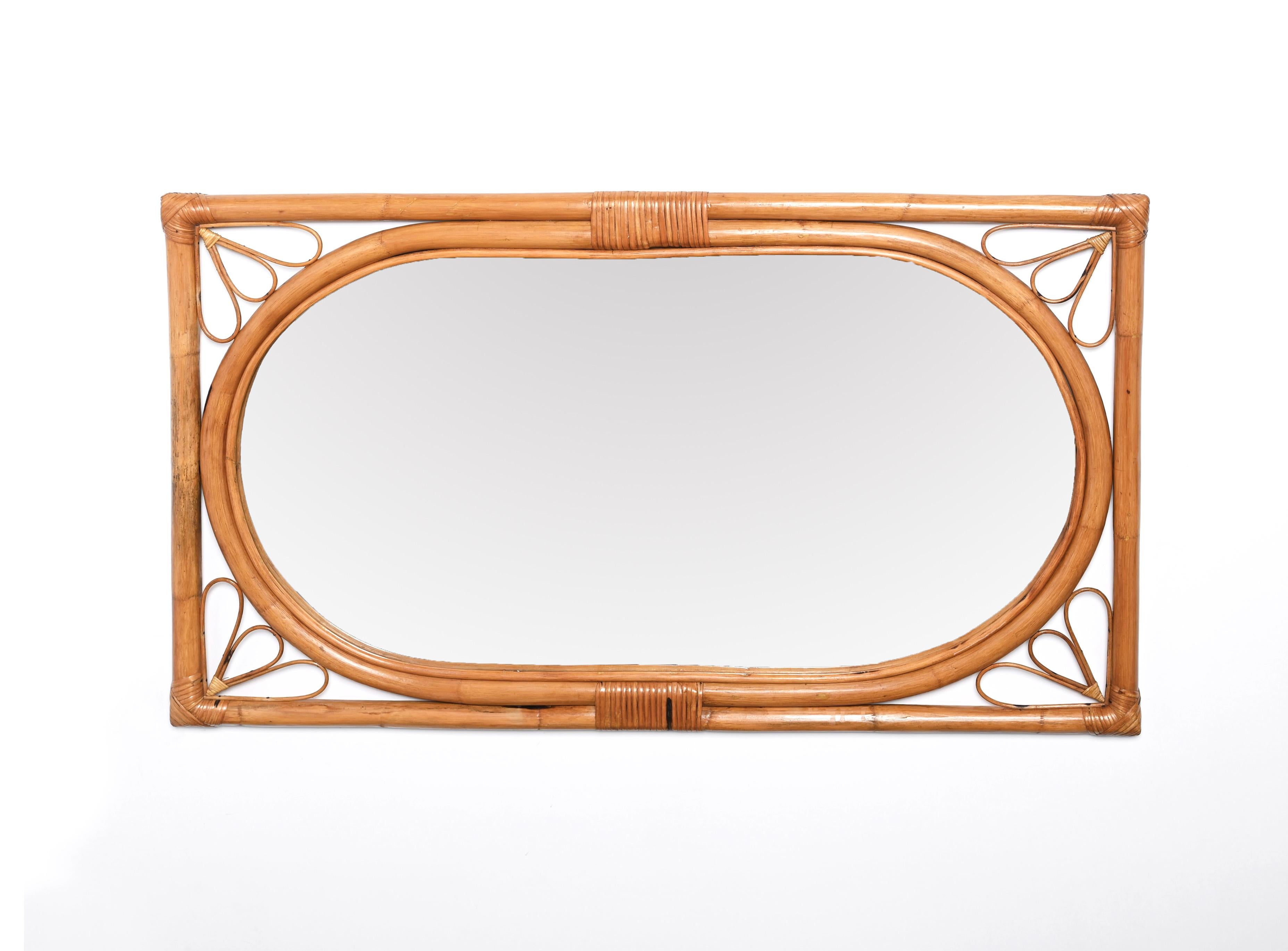 20th Century Midcentury Italian Mirror with Double Frame in Bamboo and Rattan, 1970s