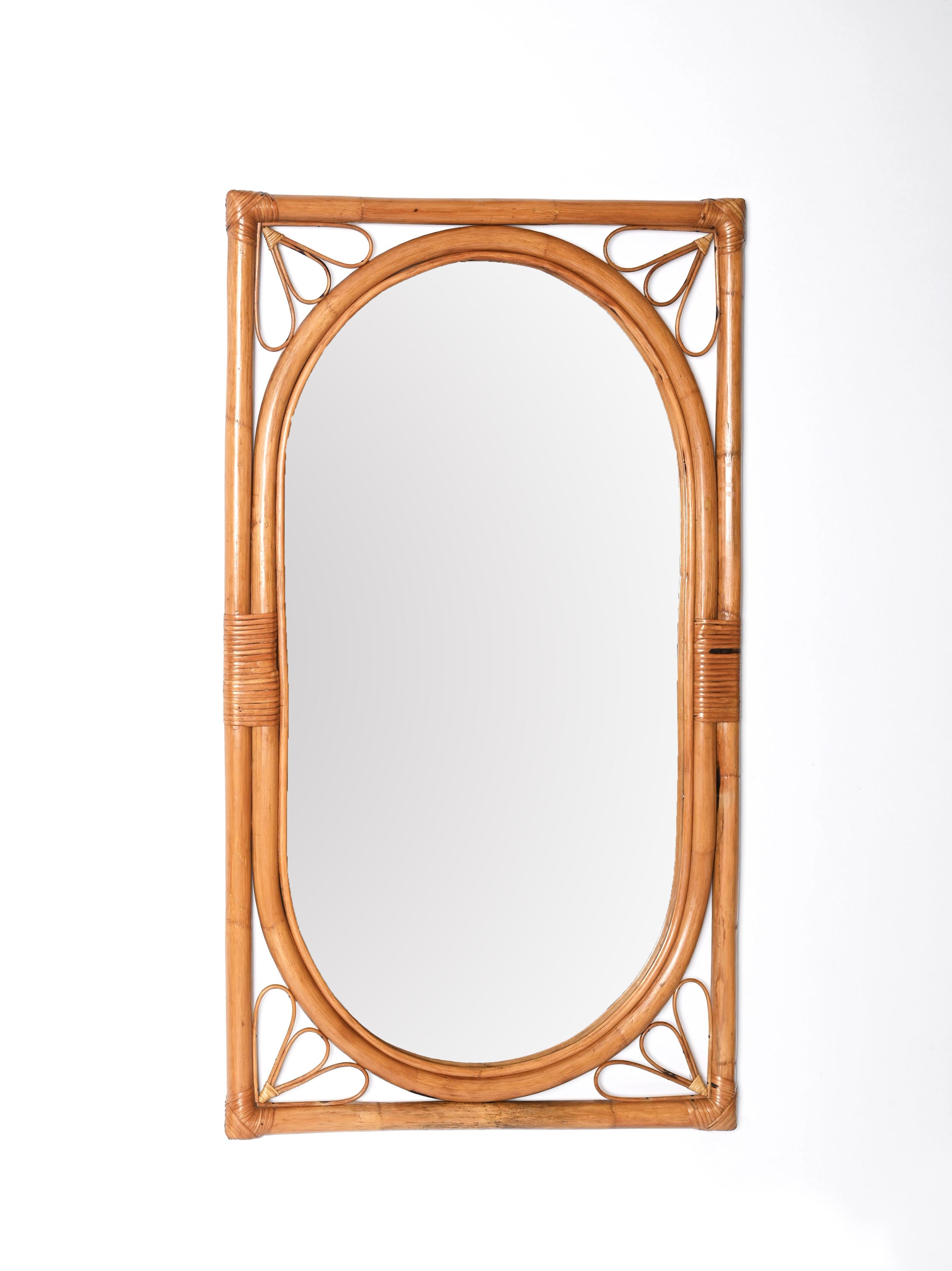 Midcentury Italian Mirror with Double Frame in Bamboo and Rattan, 1970s 1