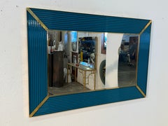 Mid-Century Italian Mirror with Teal Ribbed Frame and Brass Accents 1970s