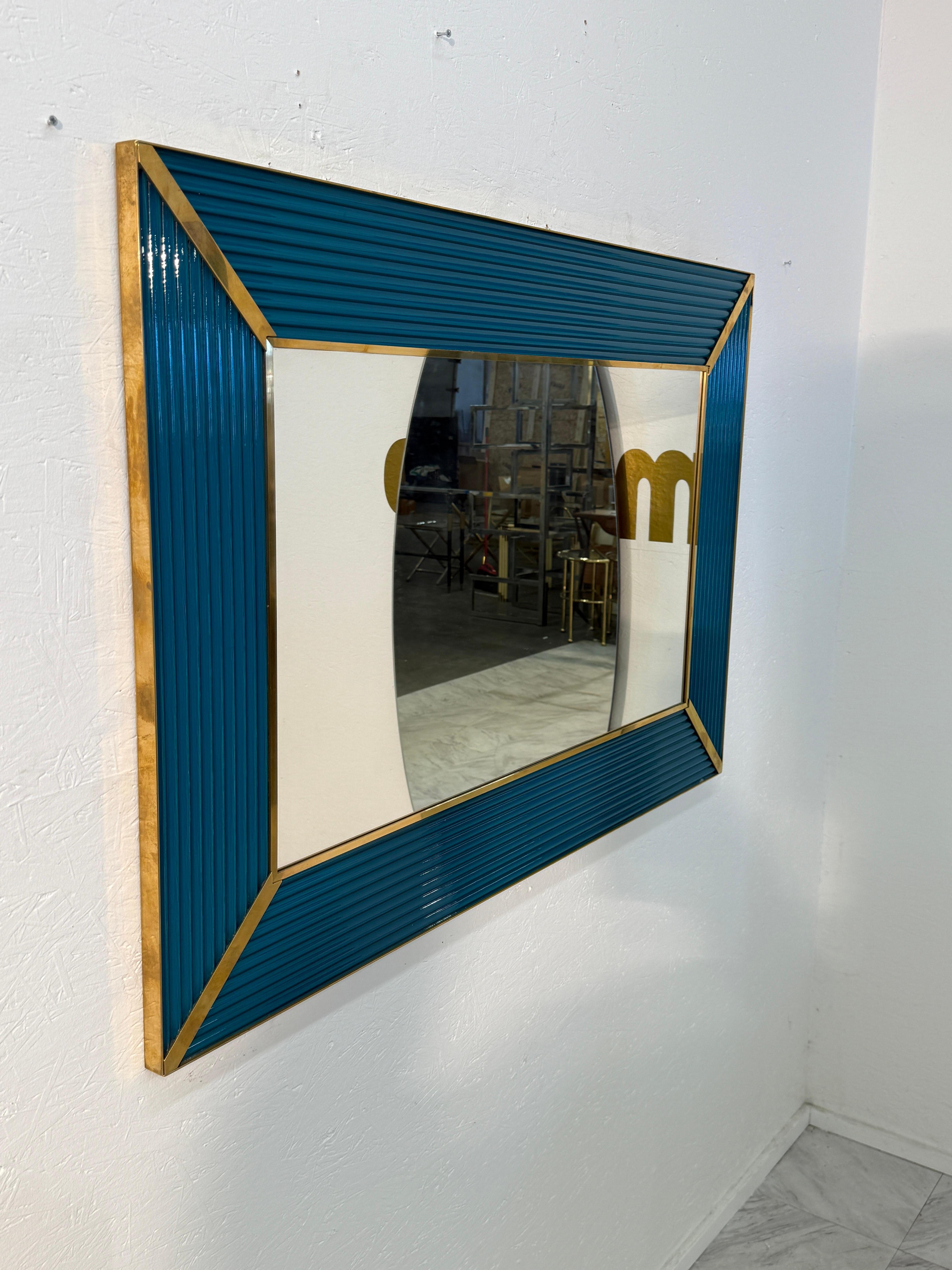Mid-Century Modern Mid-Century Italian Mirror with Teal Ribbed Frame and Brass Accents 1970s For Sale