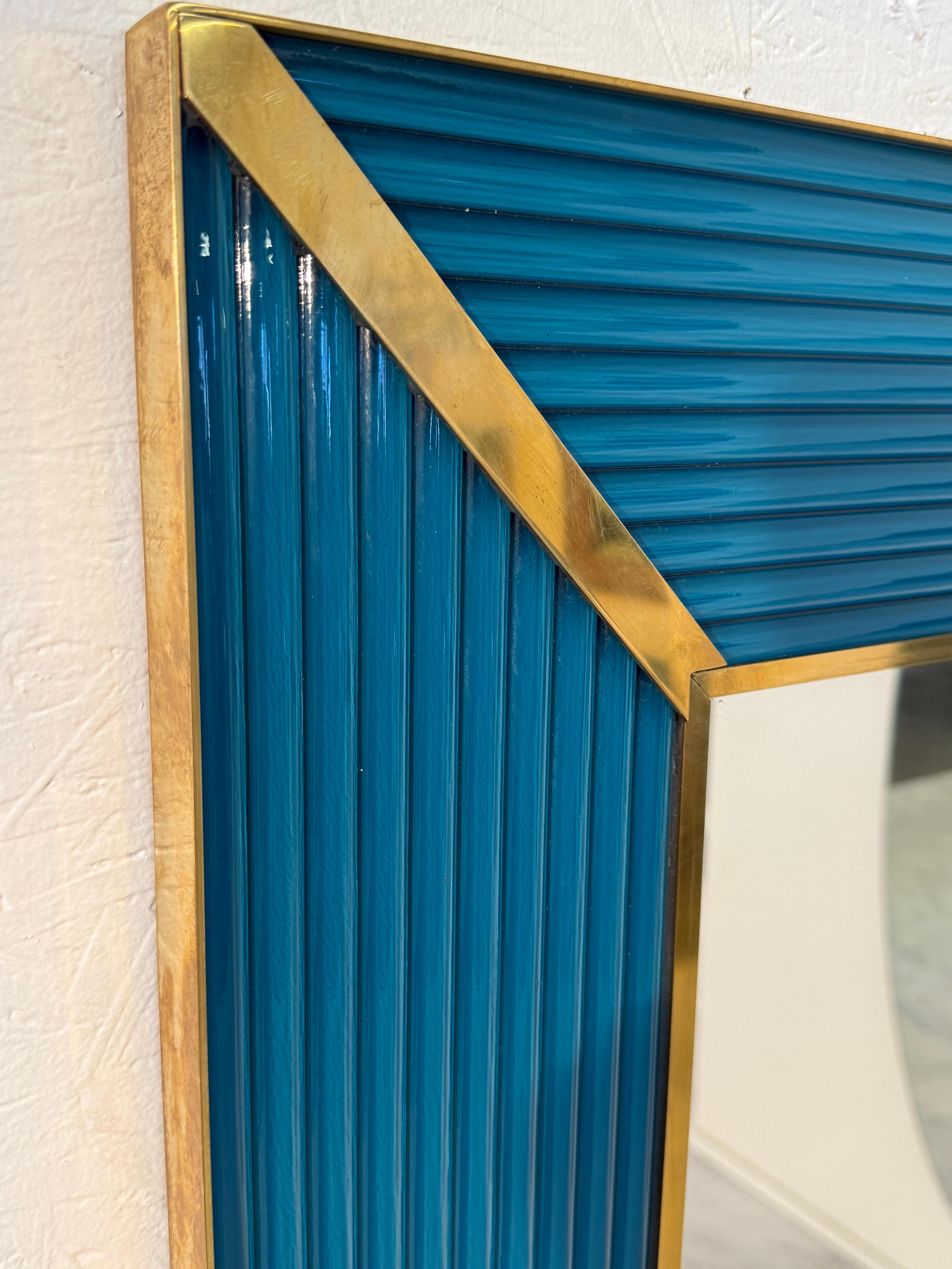 Mid-Century Italian Mirror with Teal Ribbed Frame and Brass Accents 1970s In Good Condition For Sale In Los Angeles, CA