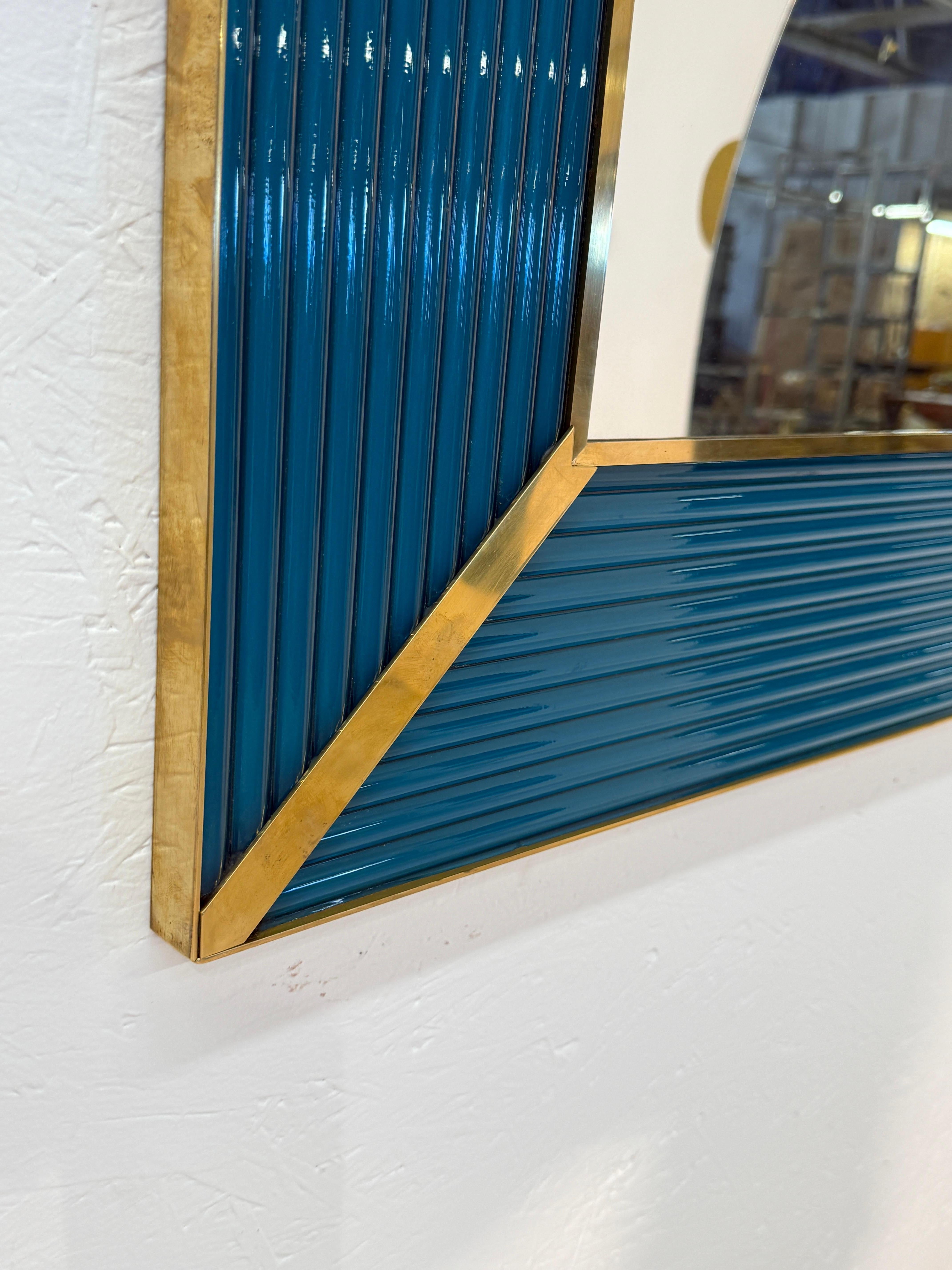 Late 20th Century Mid-Century Italian Mirror with Teal Ribbed Frame and Brass Accents 1970s For Sale