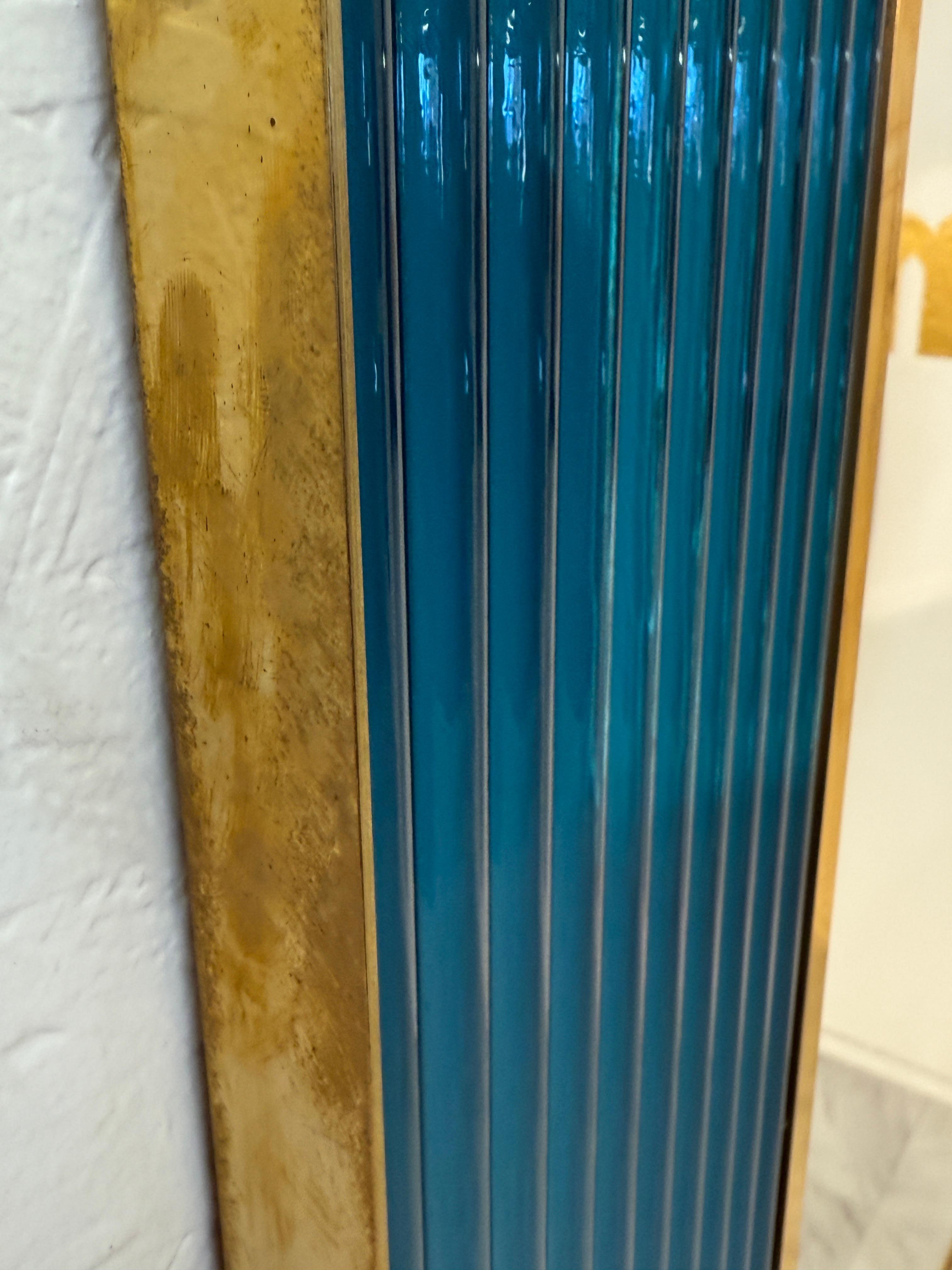Mid-Century Italian Mirror with Teal Ribbed Frame and Brass Accents 1970s For Sale 1