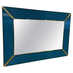 Mid-Century Italian Mirror with Teal Ribbed Frame and Brass Accents 1970s