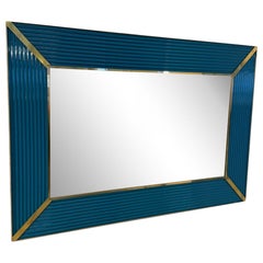 Mid-Century Italian Mirror with Teal Ribbed Frame and Brass Accents 1970s