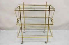 Mid Century Italian Modern 3 Tier Brass & Glass X-Frame Rolling Bar Cart Table