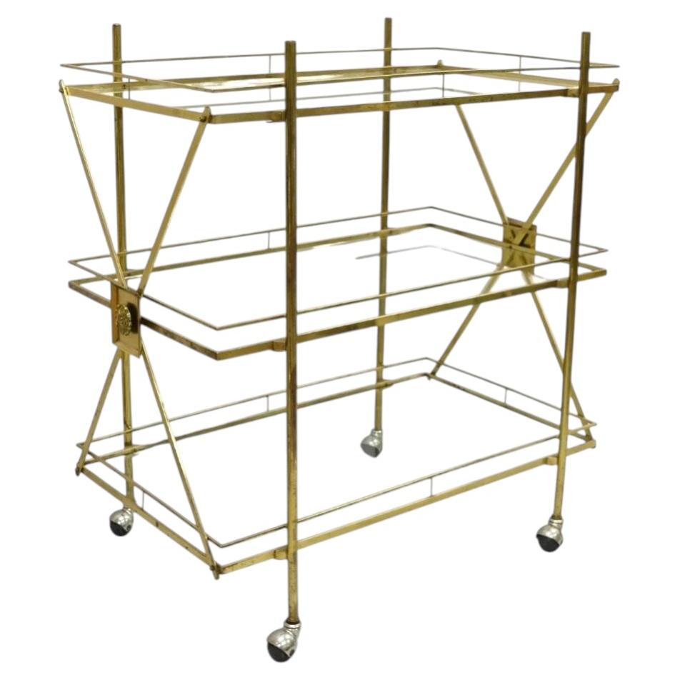 Mid Century Italian Modern 3 Tier Brass & Glass X-Frame Rolling Bar Cart Table For Sale