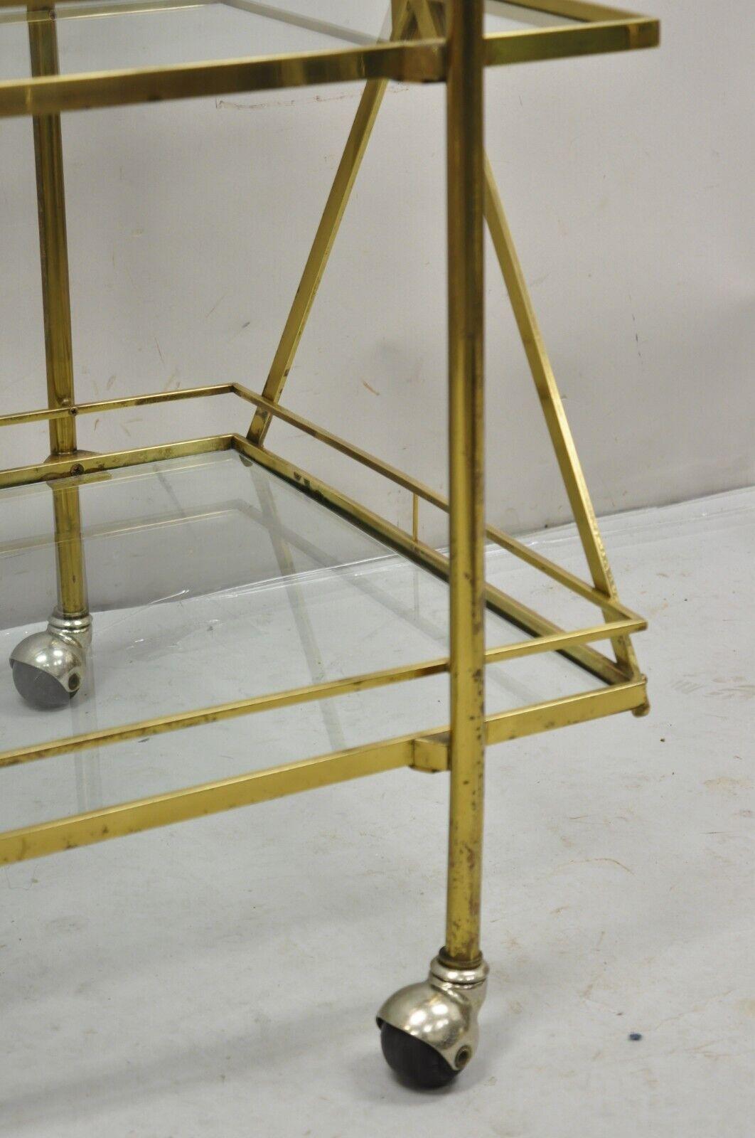 Mid Century Italian Modern 3 Tier Brass & Glass X-Frame Rolling Server Bar Cart For Sale 5