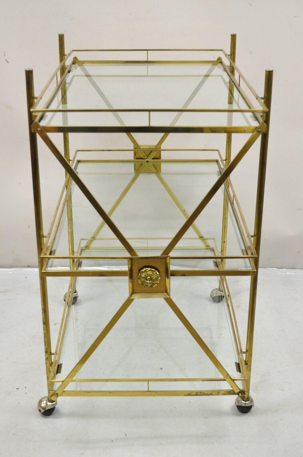 Mid-Century Modern Mid Century Italian Modern 3 Tier Brass & Glass X-Frame Rolling Server Bar Cart For Sale