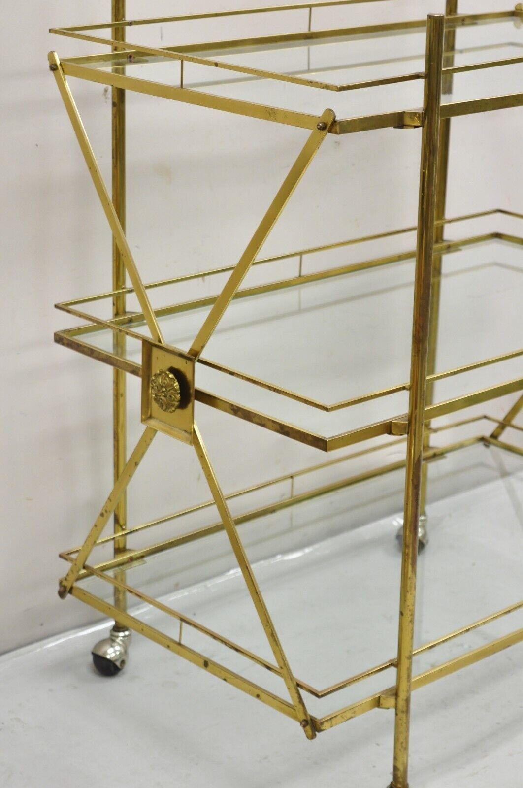 Mid Century Italian Modern 3 Tier Brass & Glass X-Frame Rolling Server Bar Cart In Good Condition For Sale In Philadelphia, PA