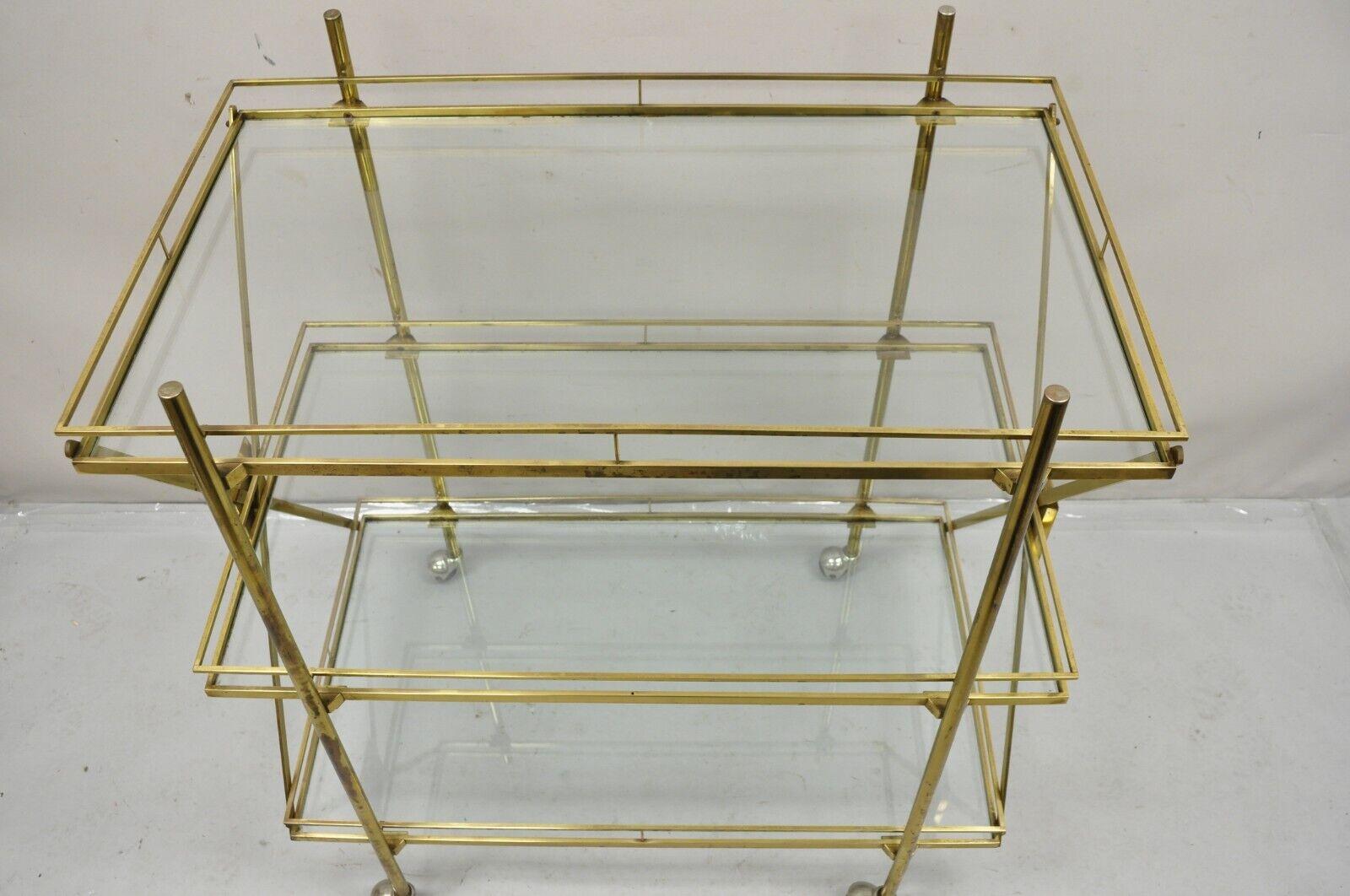 Mid Century Italian Modern 3 Tier Brass & Glass X-Frame Rolling Server Bar Cart For Sale 1