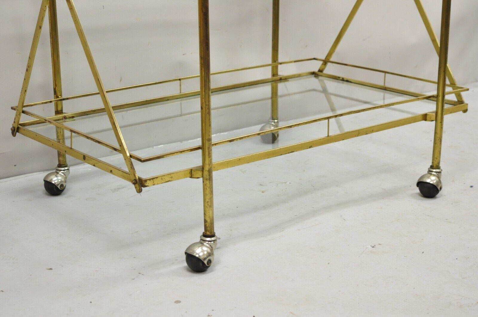 Mid Century Italian Modern 3 Tier Brass & Glass X-Frame Rolling Server Bar Cart For Sale 2