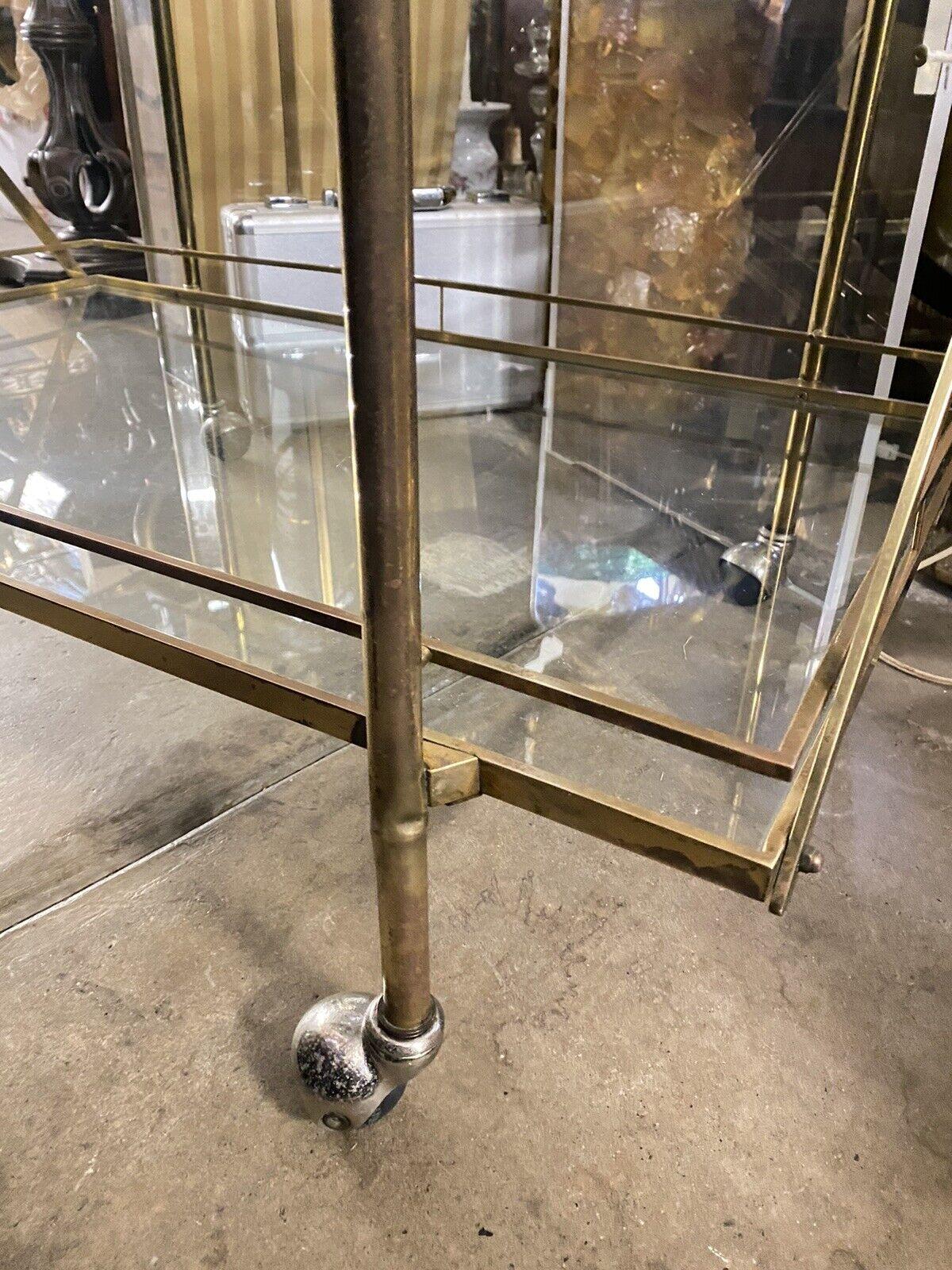 Mid Century Italian Modern 3 Tier Brass & Glass X-Frame Rolling Server Bar Cart For Sale 3