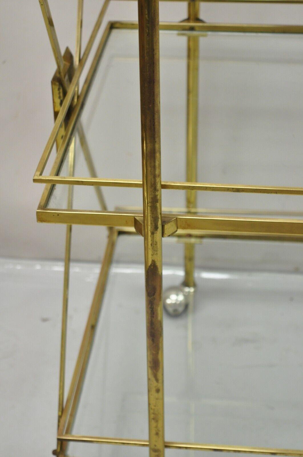 Mid Century Italian Modern 3 Tier Brass & Glass X-Frame Rolling Server Bar Cart For Sale 4