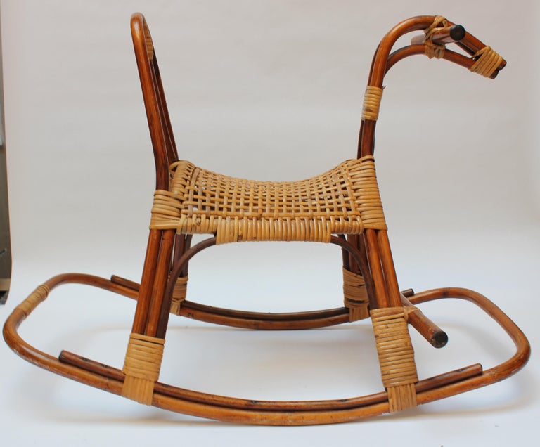 Mid Century Italian Modern Bamboo and Rattan Rocking Horse
