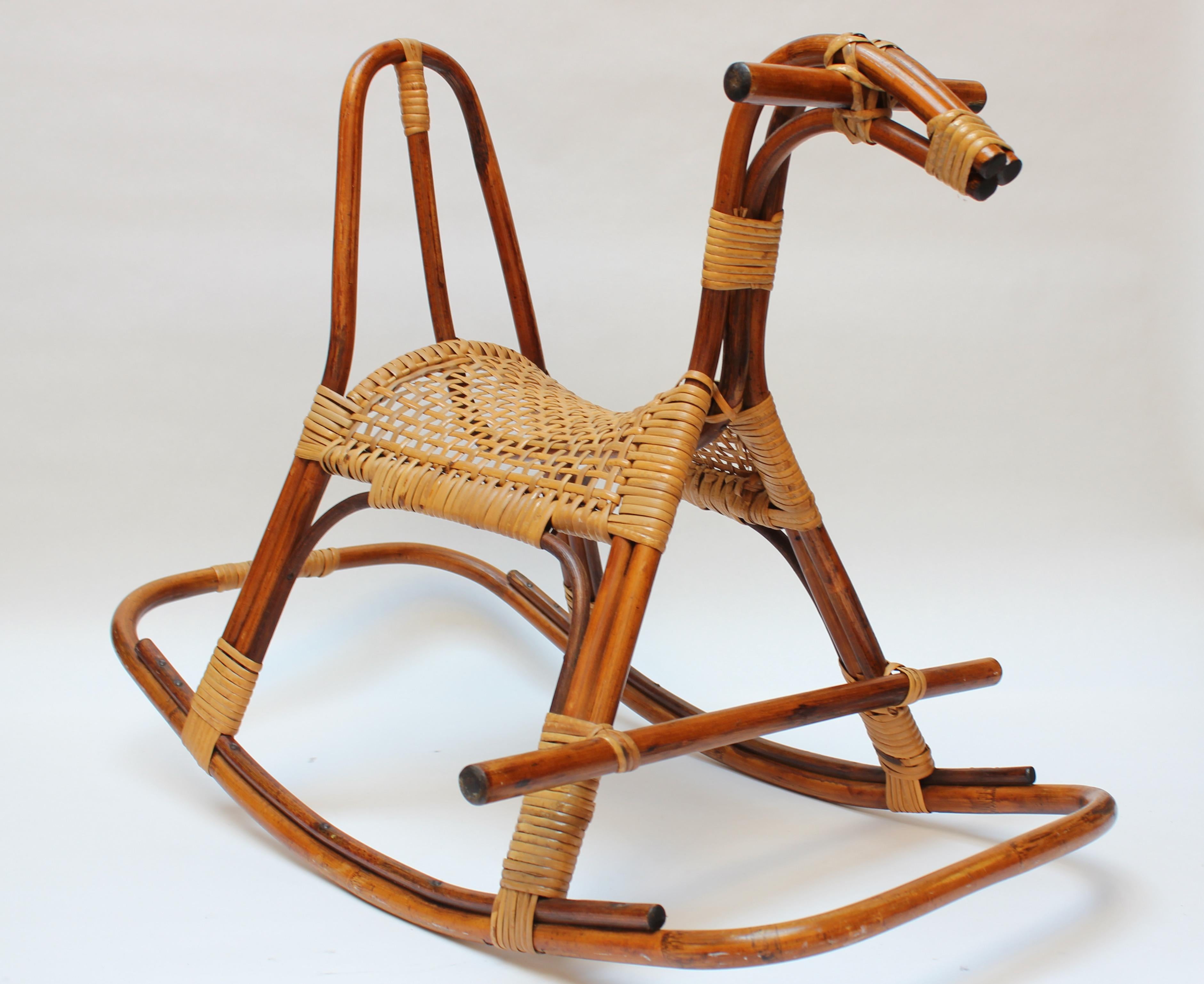 Mid-Century Modern Mid-Century Italian Modern Bamboo and Rattan Rocking Horse Attributed to Albini For Sale