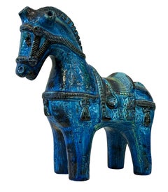 Mid-Century Italian Modern Bitossi Ceramic Blue Horse Pottery by Aldo Londi
