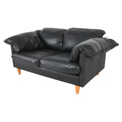 Mid Century Italian Modern Black Leather sofa pillow arm Loveseat Italy