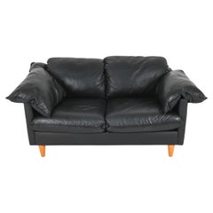 Mid Century Italian Modern Black Leather sofa pillow arm Loveseat Italy