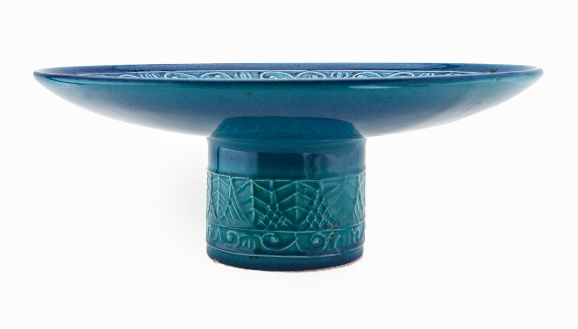 Hand-Carved Mid-Century Italian Modern Blue Ceramic Cake Plate For Sale