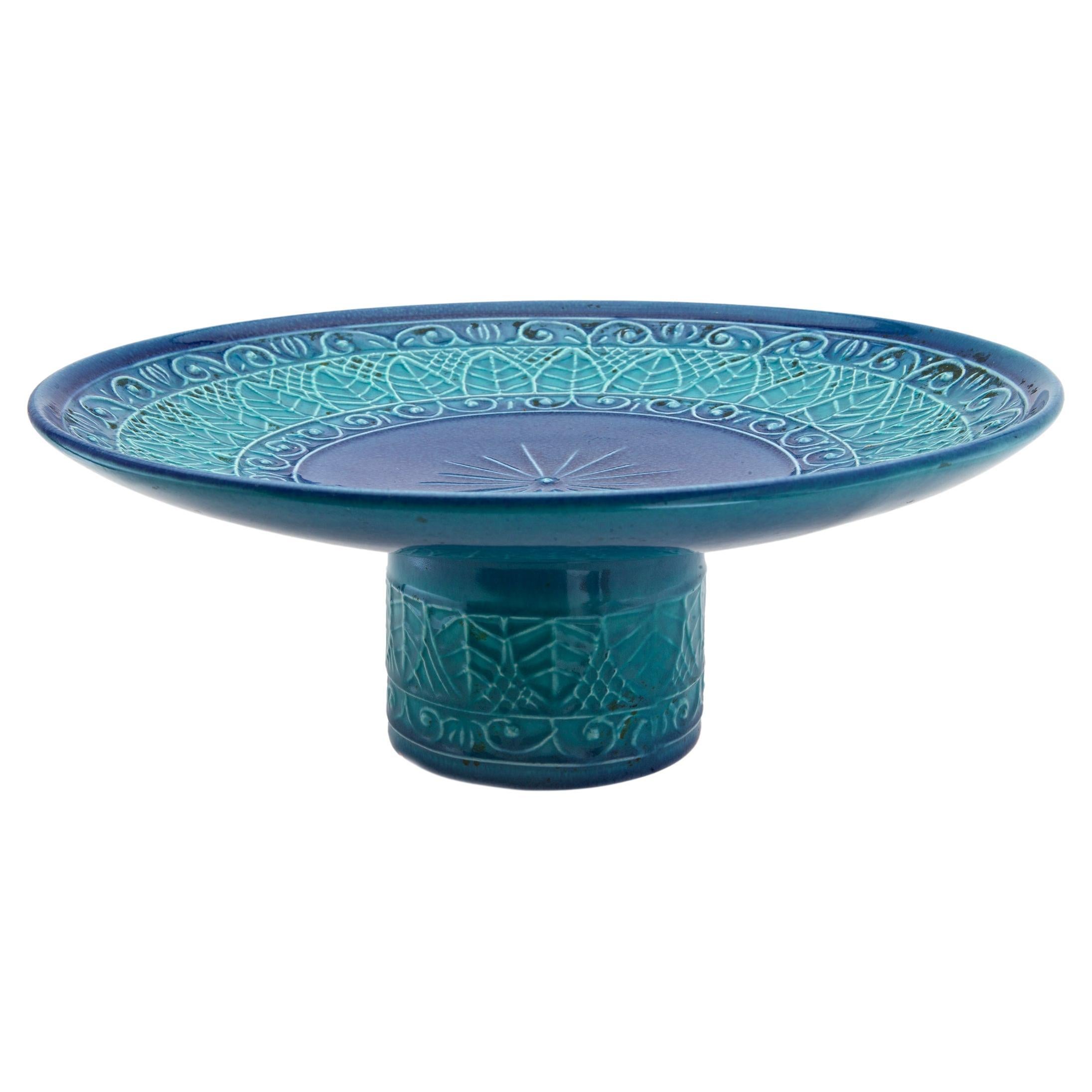 Mid-Century Italian Modern Blue Ceramic Cake Plate For Sale