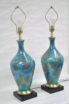 Mid Century Italian Modern Blue Glazed Ceramic Pottery "Earth" Table Lamp - Pair