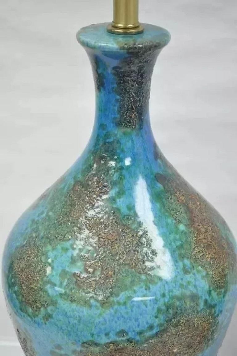 Brass Mid Century Italian Modern Blue Glazed Ceramic Pottery 