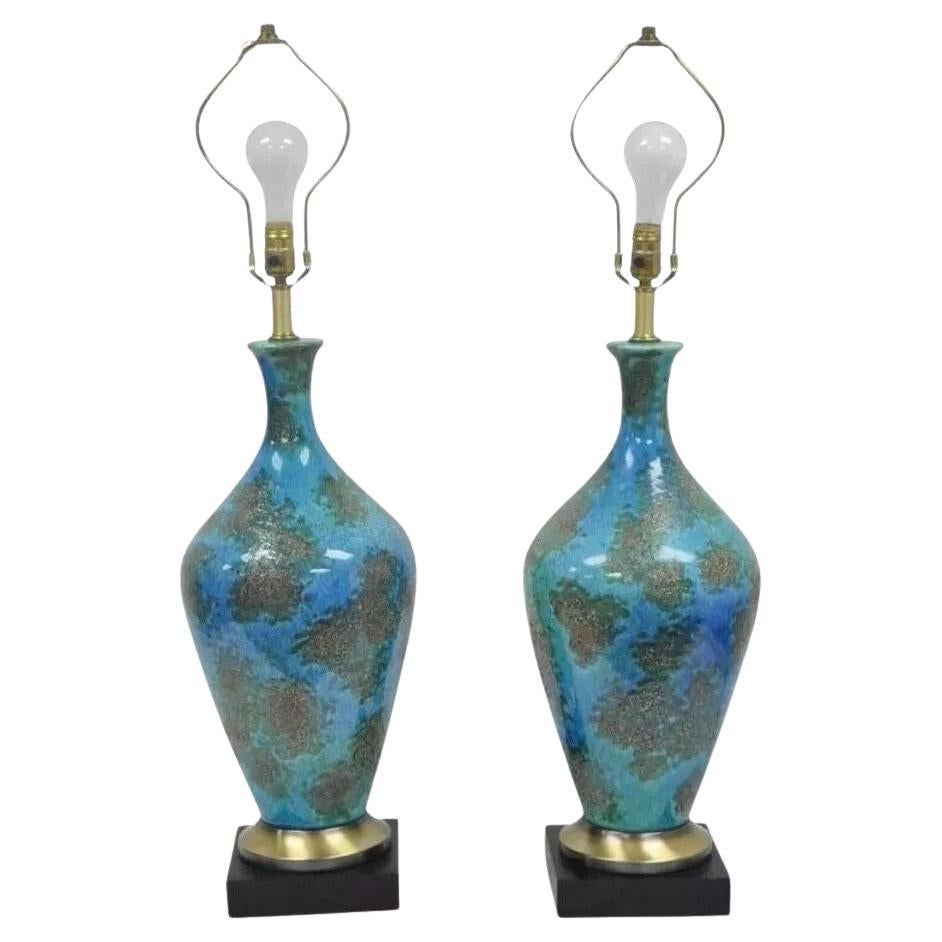 Mid Century Italian Modern Blue Glazed Ceramic Pottery "Earth" Table Lamp - Pair For Sale
