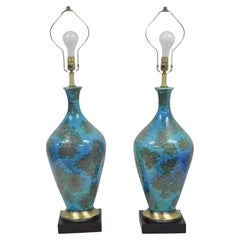 Mid Century Italian Modern Blue Glazed Ceramic Pottery "Earth" Table Lamp - Pair
