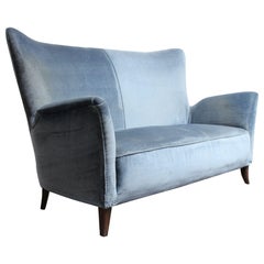 Mid-Century Italian Modern Blue Velvet Sculptural Settee / Loveseat