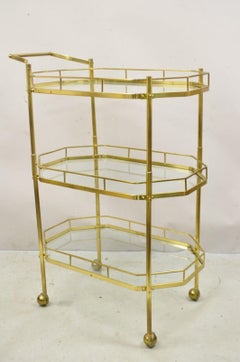 Mid Century Italian Modern Brass and Glass 3 Tier Rolling Bar Cart Serving Table