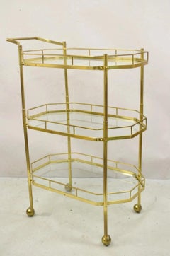 Mid Century Italian Modern Brass and Glass 3 Tier Rolling Bar Cart Serving Table