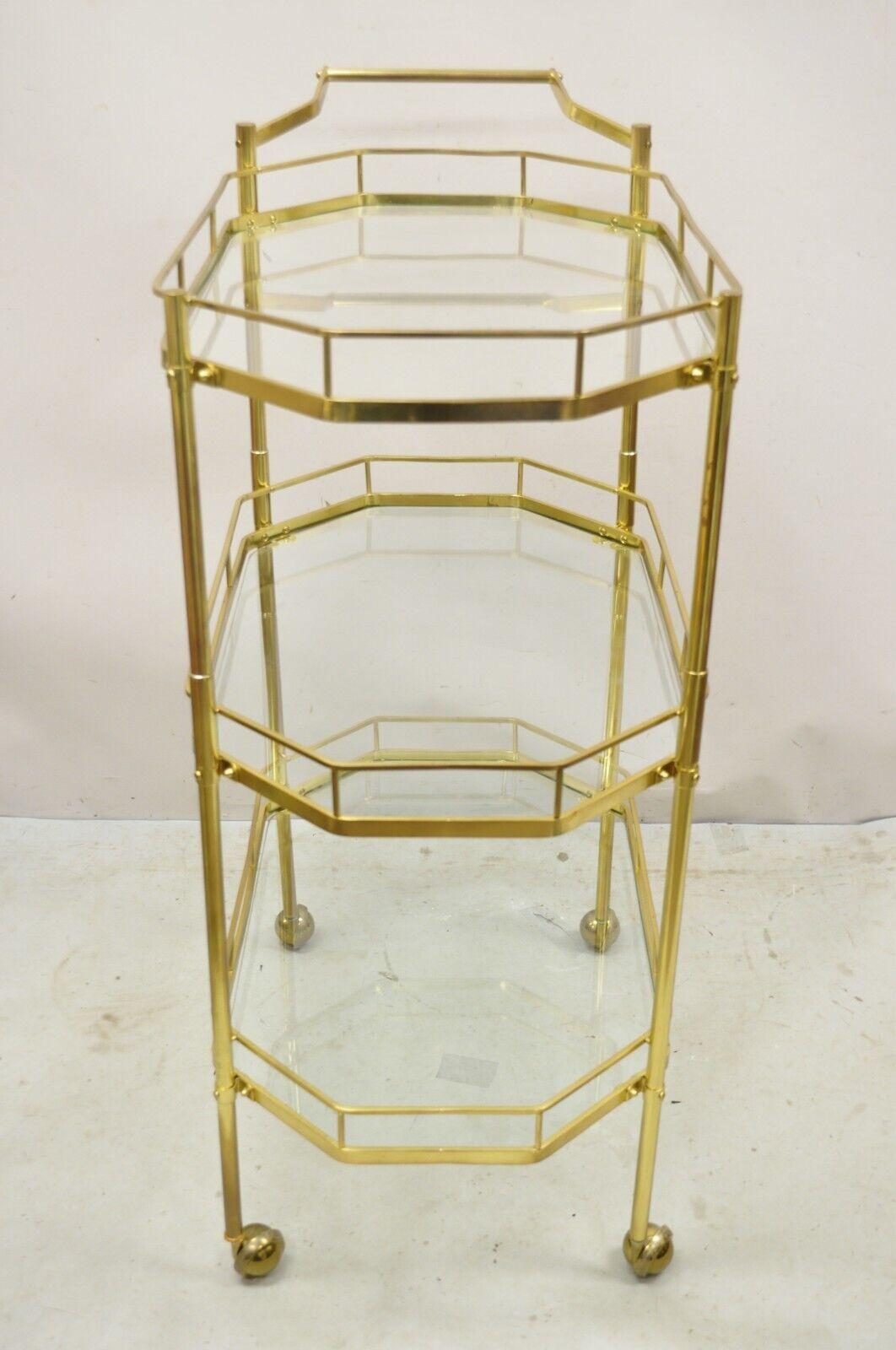 Mid Century Italian Modern Brass and Glass 3 Tier Rolling Bar Cart Serving Table For Sale 4
