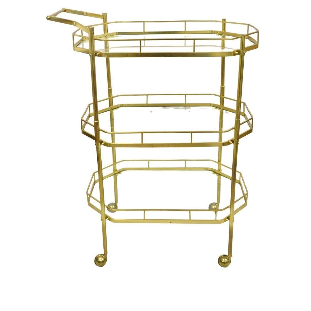 Mid Century Italian Modern Brass and Glass 3 Tier Rolling Bar Cart Serving Table For Sale