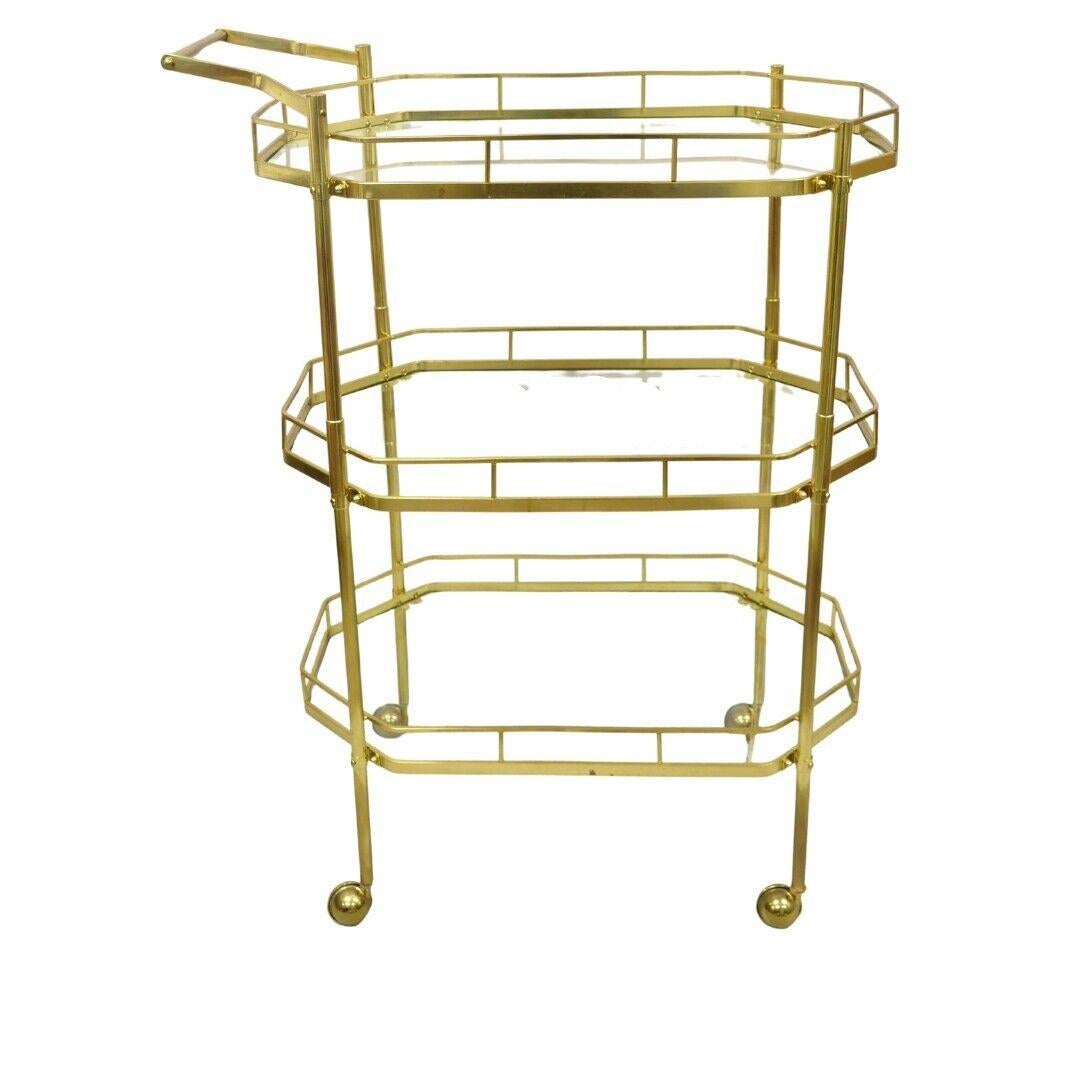 Mid Century Italian Modern Brass and Glass 3 Tier Rolling Bar Cart Serving Table