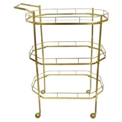 Mid Century Italian Modern Brass and Glass 3 Tier Rolling Bar Cart Serving Table