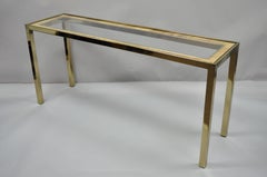 Midcentury Italian Modern Brass Glass Rattan Wicker Sofa Hall Console Table