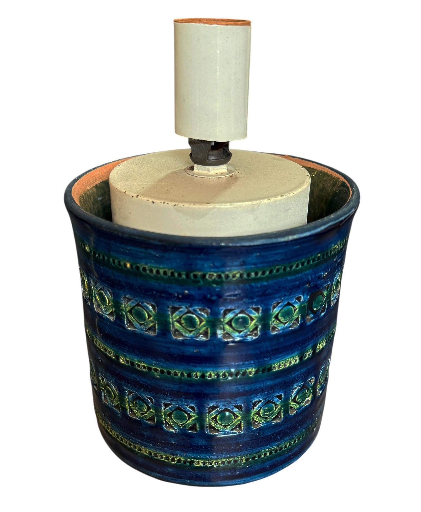 Mid-Century Modern table lamp. A beautiful blue and green color palette with the original glass mushroom shade. Tested, fully working and very well cared for through the years. 

In the style of: Aldo Londi, Bitossi, Raymour, Rosenthal Netter.