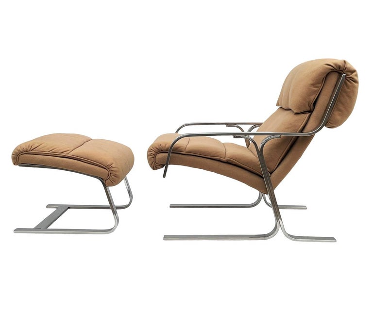 Mid-Century Modern Mid Century Italian Modern Chrome Flat Bar Lounge Chair & Ottoman Set For Sale