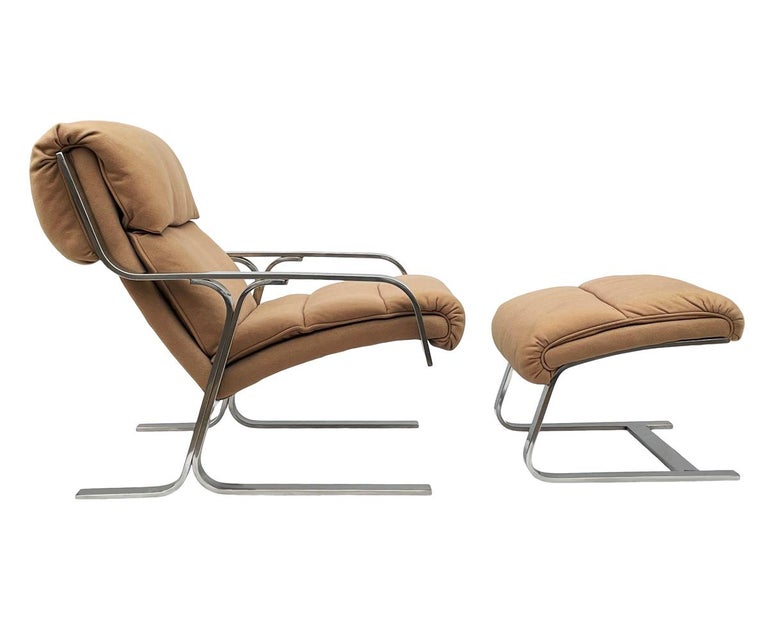 Late 20th Century Mid Century Italian Modern Chrome Flat Bar Lounge Chair & Ottoman Set For Sale