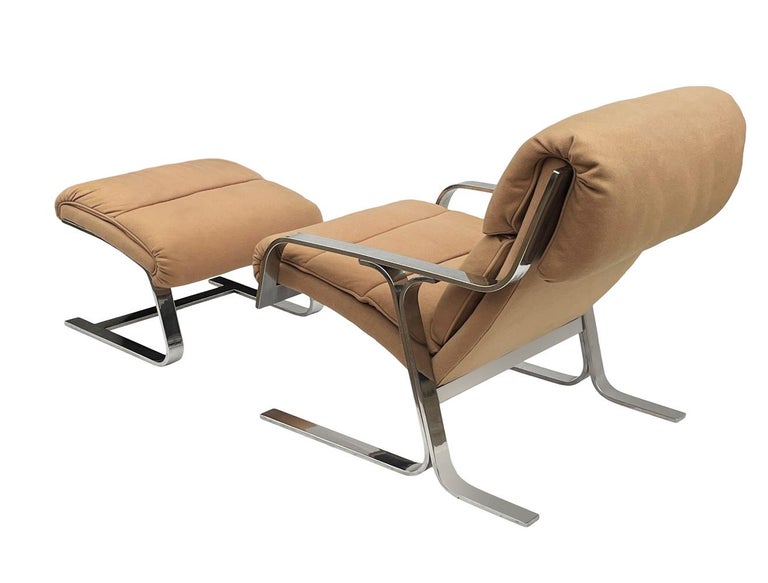 Fabric Mid Century Italian Modern Chrome Flat Bar Lounge Chair & Ottoman Set For Sale
