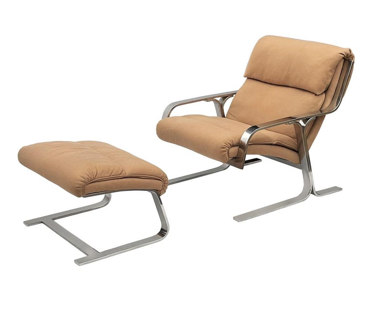 Mid Century Italian Modern Chrome Flat Bar Lounge Chair and Ottoman Set