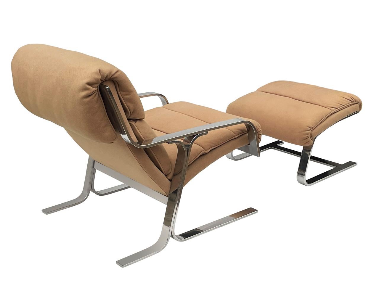 Mid Century Italian Modern Chrome Flat Bar Lounge Chair & Ottoman Set For Sale 2