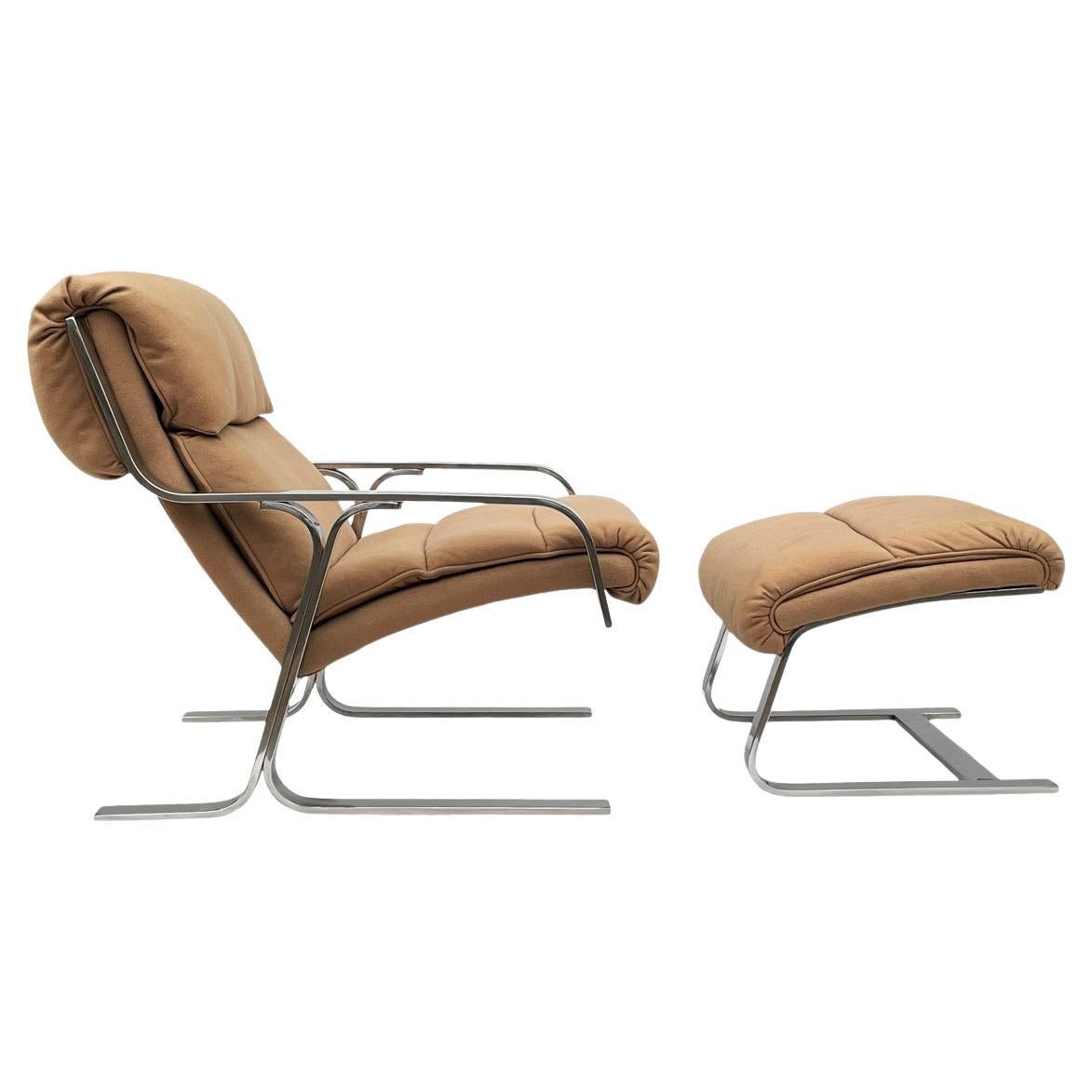 Mid Century Italian Modern Chrome Flat Bar Lounge Chair & Ottoman Set For Sale