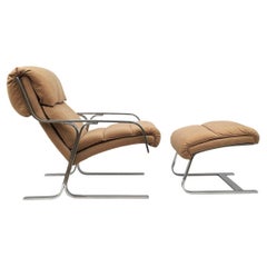 Mid Century Italian Modern Chrome Flat Bar Lounge Chair & Ottoman Set