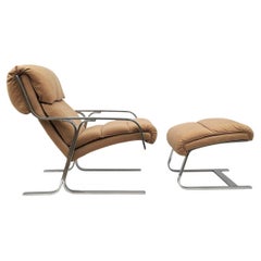 Mid Century Italian Modern Chrome Flat Bar Lounge Chair & Ottoman Set