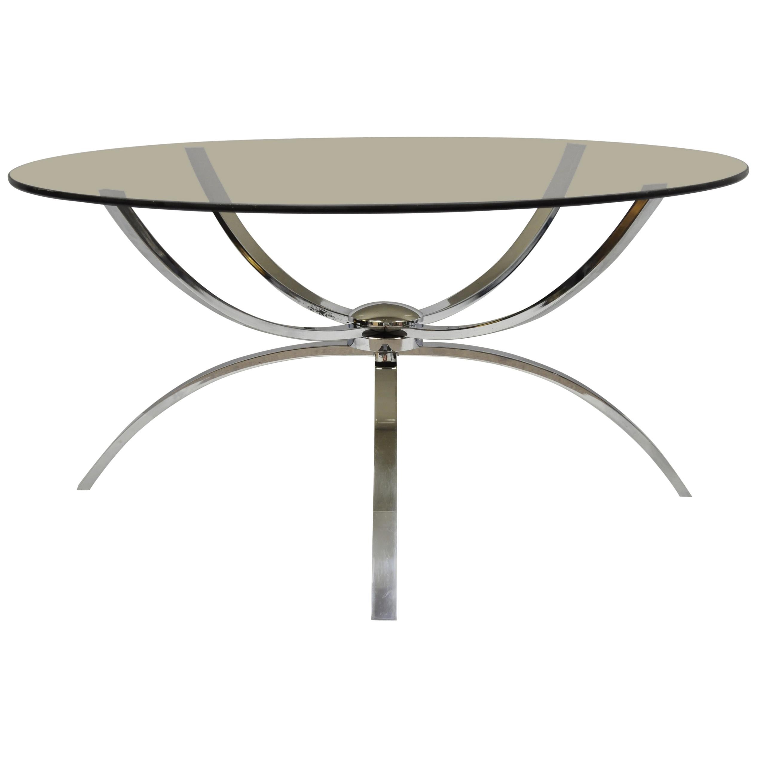 Table basse ronde à base araignée en acier chromé et plateau en verre, de style italien moderne du milieu du siècle dernier